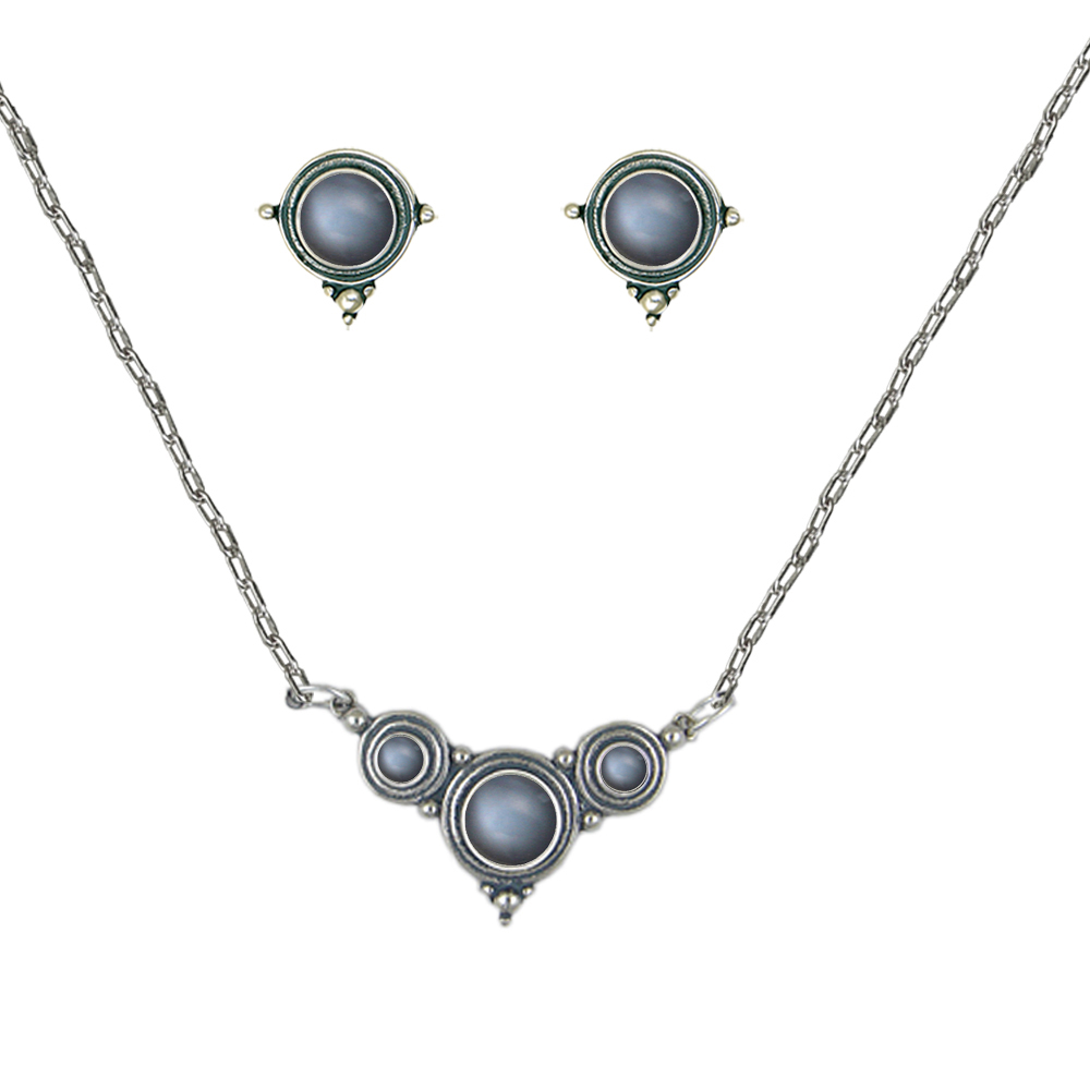 Sterling Silver Designer Necklace Earrings Set in Grey Moonstone